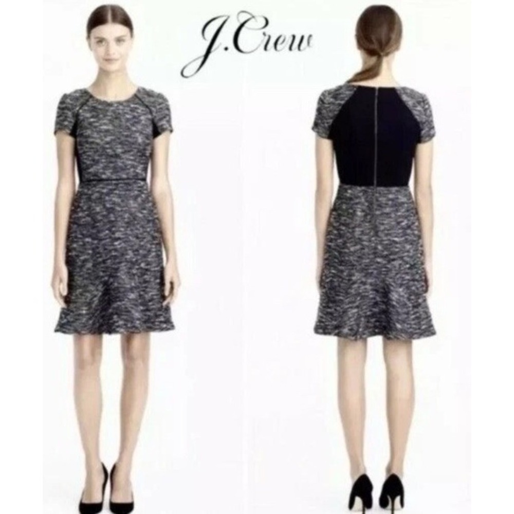 J.Crew Black White Tweed Fit and Flare Mixed Media Dress Short Sleeve Size 4
